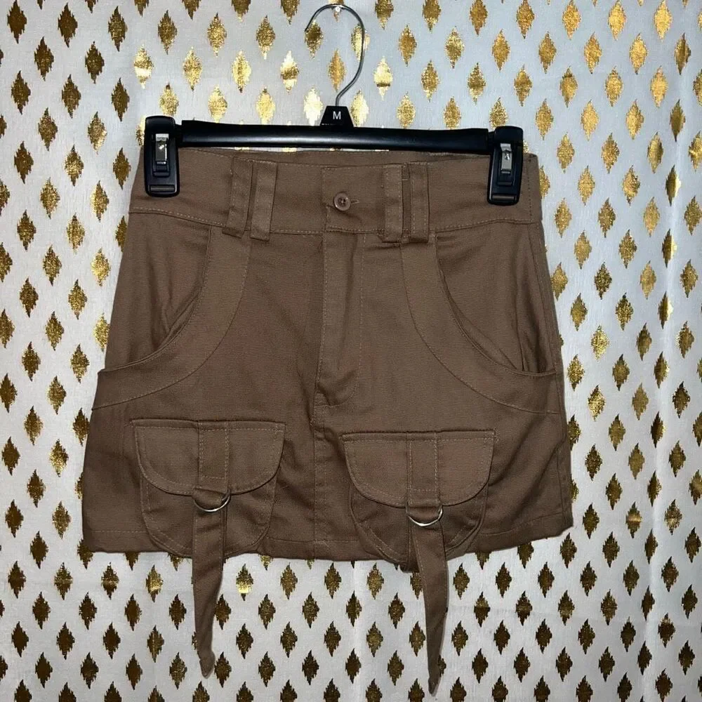 NWT prettylittlething cargo skirt micro mini skirt buckles straps front pockets